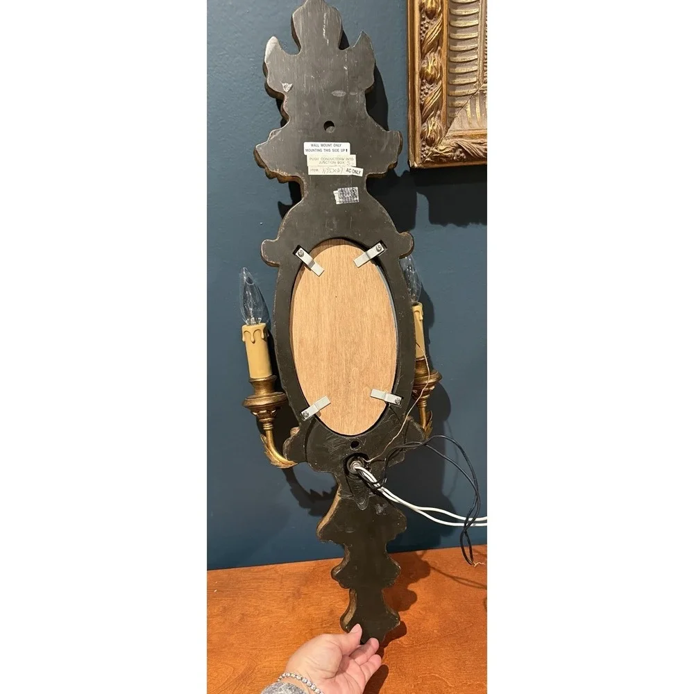 Vintage Italian Style Gilded Wooden Mirror Double Arm Light Wall Sconce